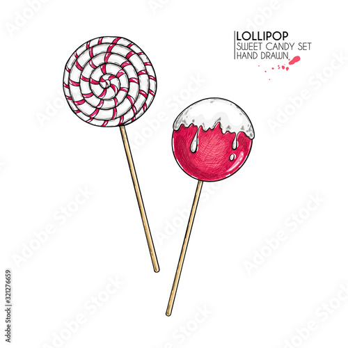 Hand drawn set of sweet candies. Twisted caramel lollipops. Vector food icons. Use for restaurant, menu, party decorating, flyer, banner. Sugar Halloween, Christmas dessert.