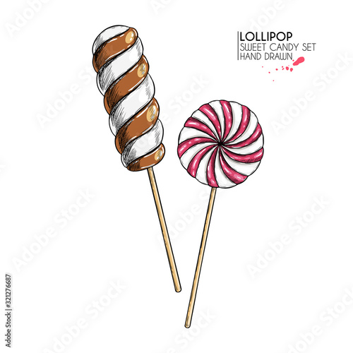 Hand drawn set of sweet candies. Twisted caramel lollipops. Vector food icons. Use for restaurant, menu, party decorating, flyer, banner. Sugar Halloween, Christmas dessert.