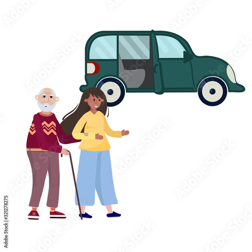 Driver Volunteer helps elderly man to get to the hospital, Mall. Social worker and senior going to the car. Old people care concept.