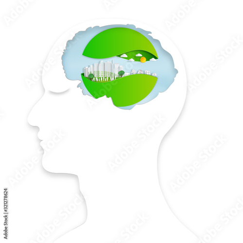 Paper art, cut and craft style of green environment with people and nature in the world in human brain background as Ecology design and conservation creative concept.
