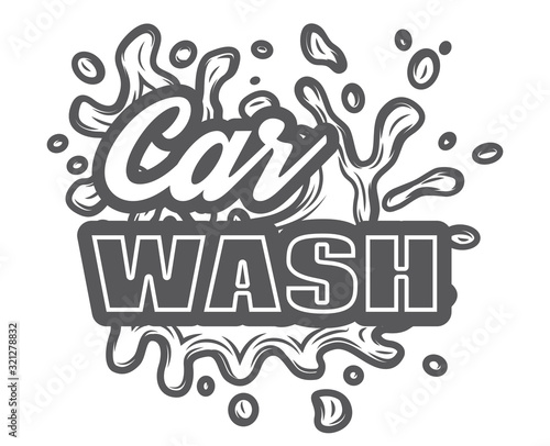 Vector monochrome template for car wash logo design with inscription and water splashes