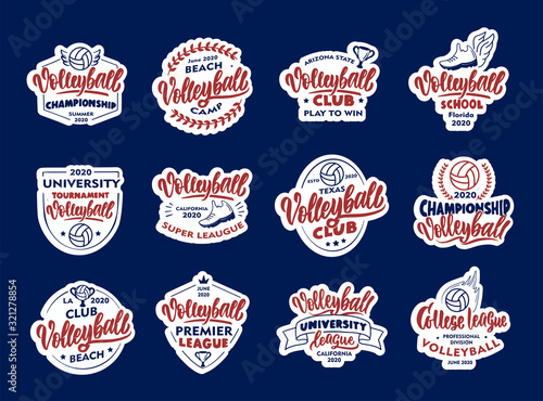 Set of Volleyball stickers, patches. Sport badges, emblems, stamps for club, school on blue background.