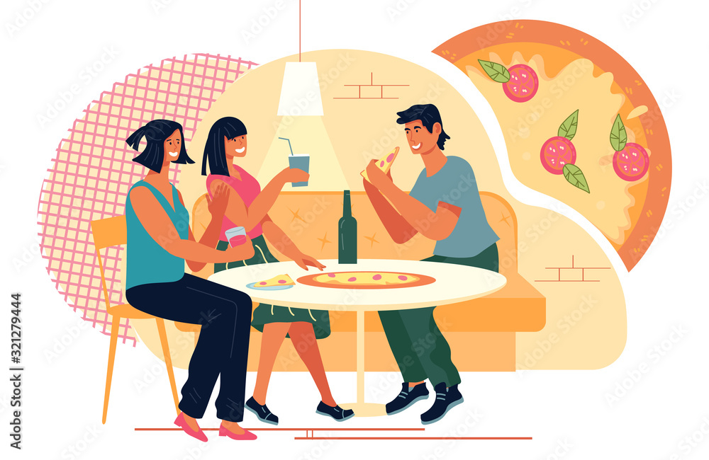 Friends meeting in Pizzeria or fast food restaurant and enjoying dinner and communication. Italian cuisine cafe or street cafeteria scene. Leisure and recreation concept. Flat vector illustration. - obrazy, fototapety, plakaty 