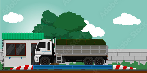 Dangerous garbage truck on the weighing scale at the checkpoint. Before and after transport operations.