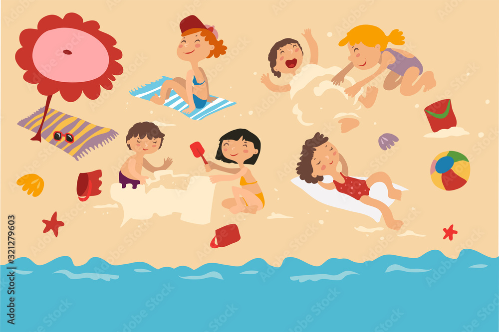 Vector of children's summer holidays at the sea on the beach Vector of children's summer holidays at the sea on the beach