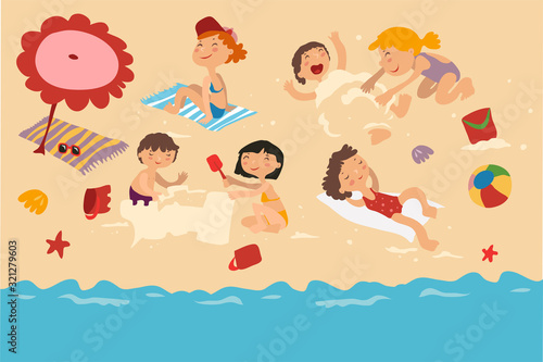 Vector of children s summer holidays at the sea on the beach