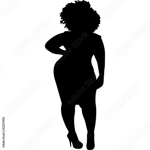 African American Woman Standing in Dress and Heels, Black Afro People Silhouette Vector