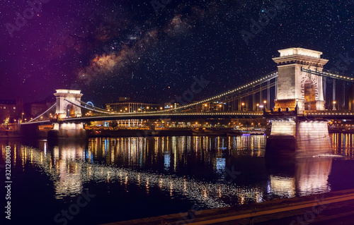 Photography Amazing night view on Chain Bridge, Budapest with the illuminated