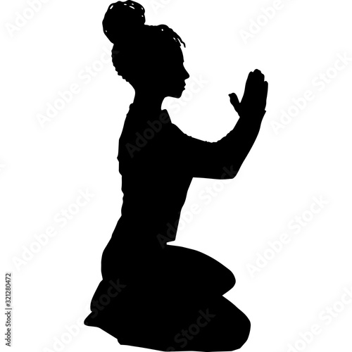 African American Woman Praying on Floor, Black Afro People Silhouette Vector