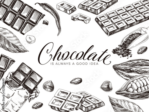 Border composition of chocolate and cocoa, hand drawn vector illustration.