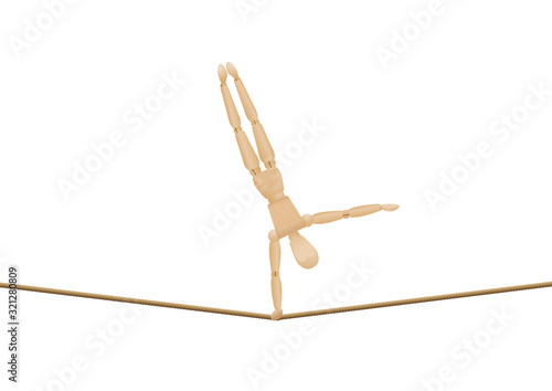Tightrope walker making handstand with one hand. Balancing athletic wooden mannequin, lay figure, on a long rope. Isolated vector illustration on white background.