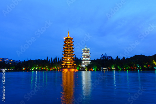 Evening view of the Sun and Moon Pagoda in downtown Guilin  China