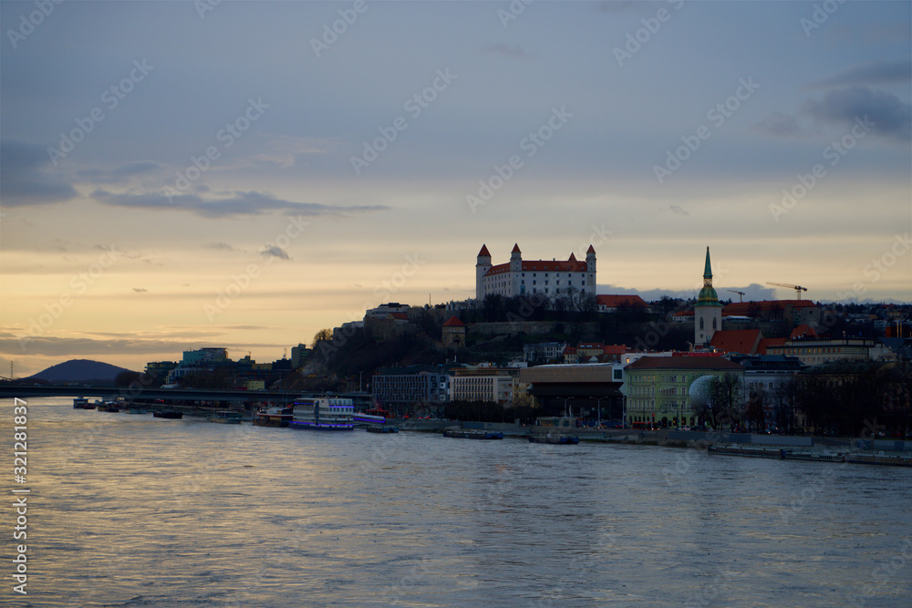 Bratislava castle in the evening with Danube river Slovakia