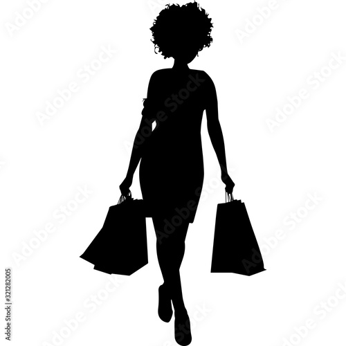 African American Woman Shopping - Front View, Black Afro People Silhouette Vector
