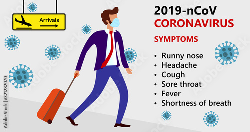 Symptoms of Wuhan Novel coronavirus (2019-nCoV), MERS-Cov, man in suit with blue medical face mask moves from direction of arrival. Wuhan pneumonia outbreak. Flu Pandemic Protection Concept