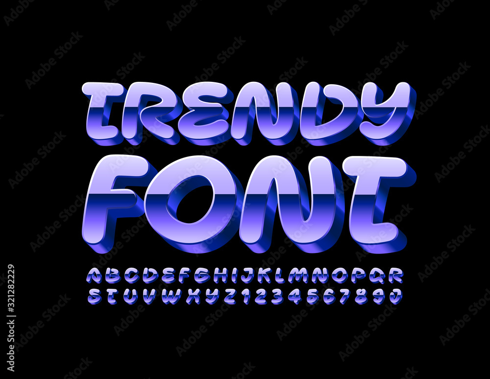 Vector Trendy 3D Font. Metallic handwritten Alphabet Letters and Numbers.