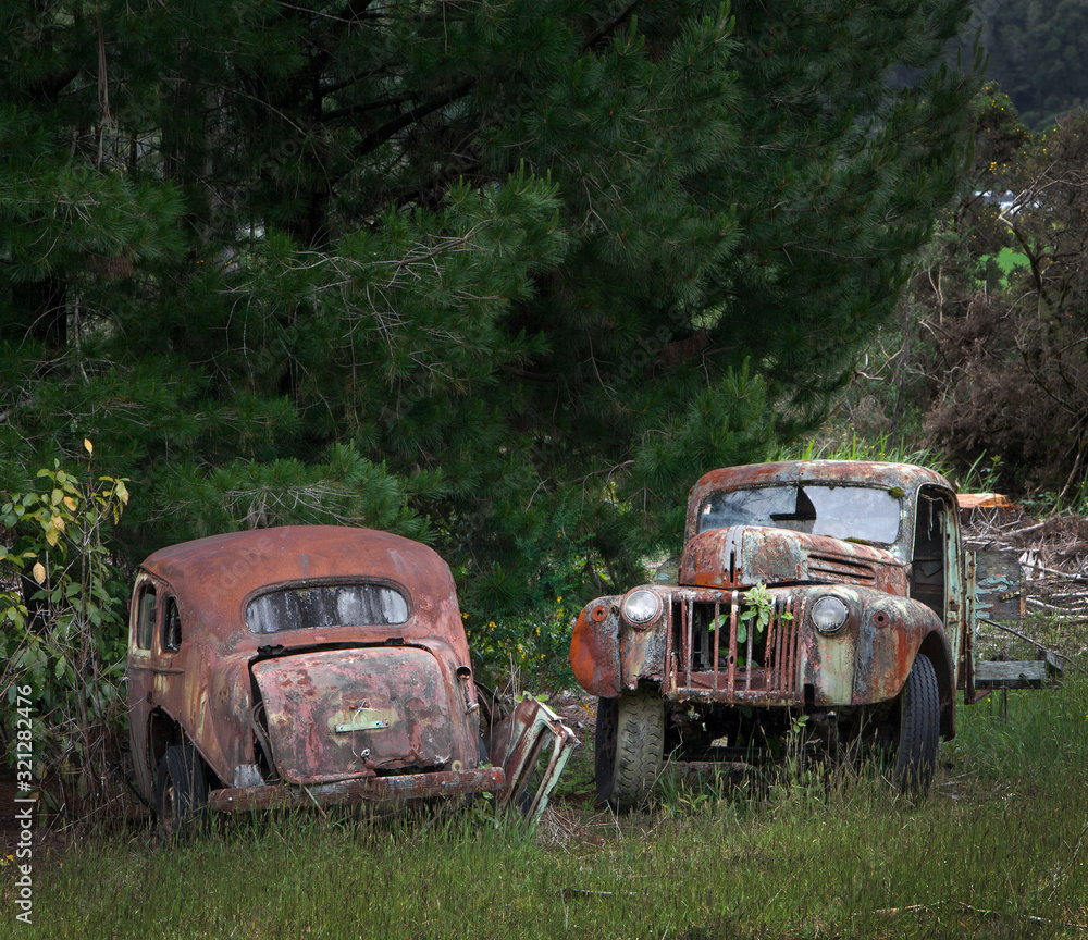 Junkyard. Carwrecks at Buller Highway 6 New Zealand. Oldtimers Junkyard. Carwrecks at Buller Highway 6 New Zealand. Oldtimers
