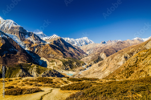 Marshyangdi river valley, view from trekking route to Kicho Tal lake. Annapurna circuit trek, Nepal.