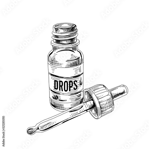 Medical drops, bottle with dropper. Hand drawn vector illustration.