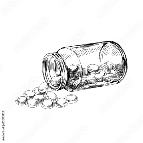 Medical pills bottle, hand drawn vector illustration.