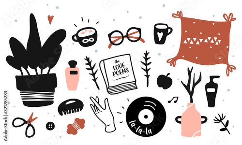 Hand drawn vector illustration of cozy home decor style. Pillow, plants, vynil record, romantic book, tea cup and handmade tool isolated clipart set. Print, card doodle design.