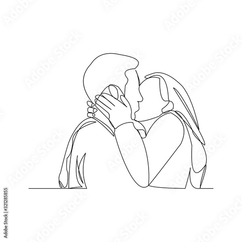 Continuous line drawing of romantic couple kissing for valentine. Vector illustration.