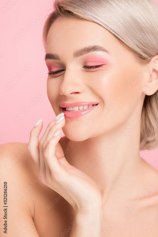 happy tender girl with pink makeup touching lips, isolated on pink happy tender girl with pink makeup touching lips, isolated on pink