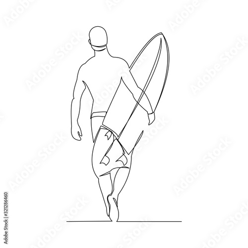 Continuous line drawing of sport man holding surfboard from back view. Vector illustration.
