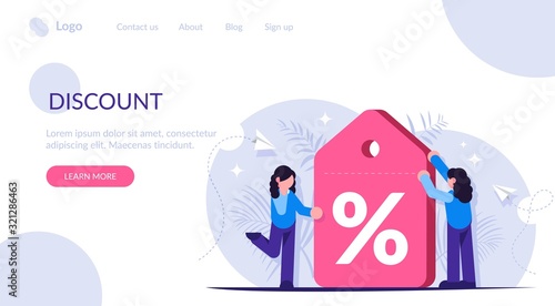 Discount label. Loyalty program. Demonstrating a large discount on a service or product. Girls get favorable terms. Landing web page template.