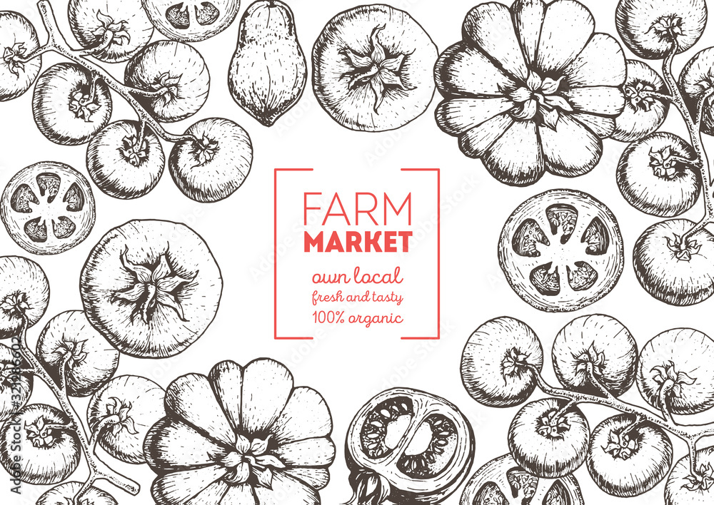 Tomatoes hand drawn illustration. Organic food design template. Vector ...