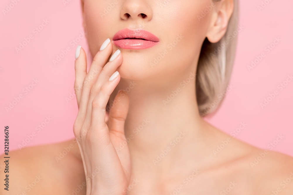 cropped view of tender girl with perfect skin, isolated on pink cropped view of tender girl with perfect skin, isolated on pink