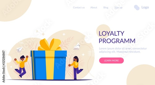 Loyalty program is a concept. Man and a woman receive a gift for using the services. Gift box with a bow. Landing web page template.