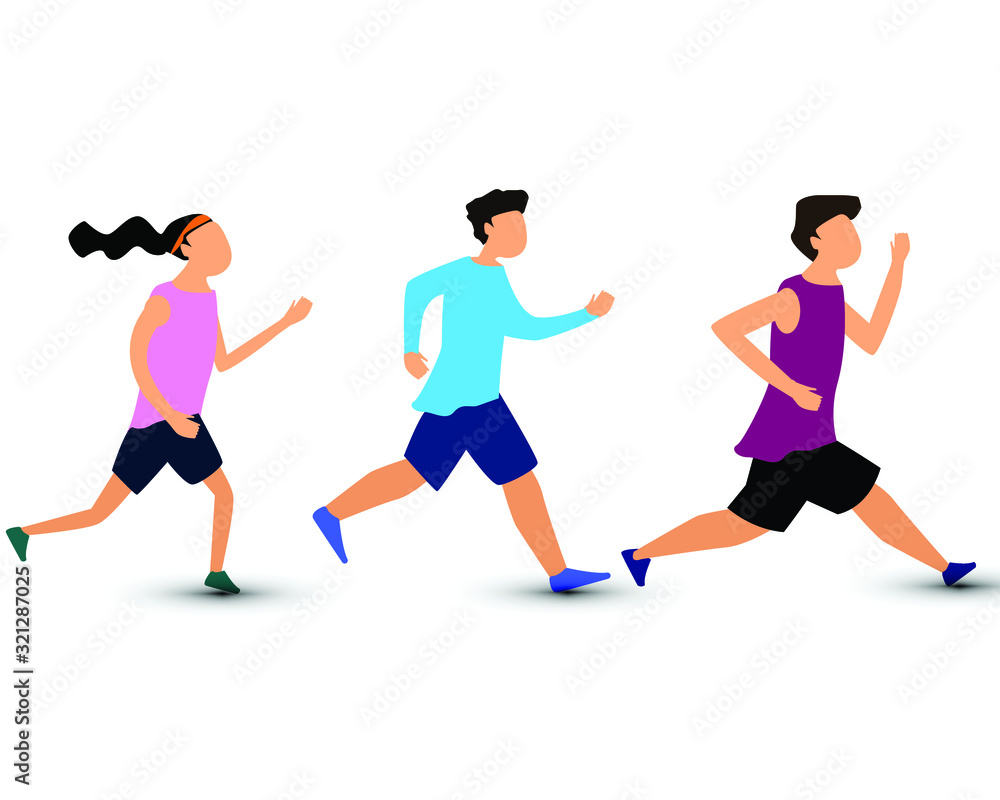 Running three people flat vector illustration. Men, women running marathon,training on white background.