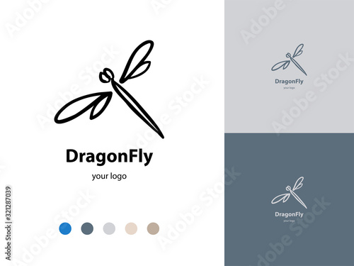 Vector trendy gray icon and logo of handdrawn dragonfly for cosmetics, fashion, kids. Template for business brand. Editable color combination. Ready color scheme