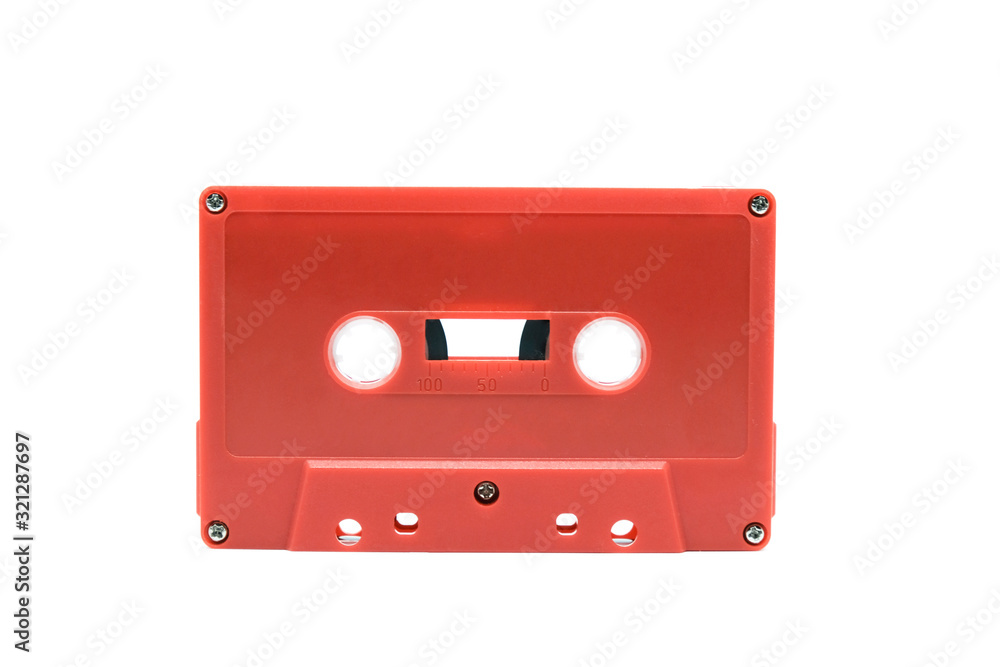 Fototapeta premium Red cassette tape isolate on white background