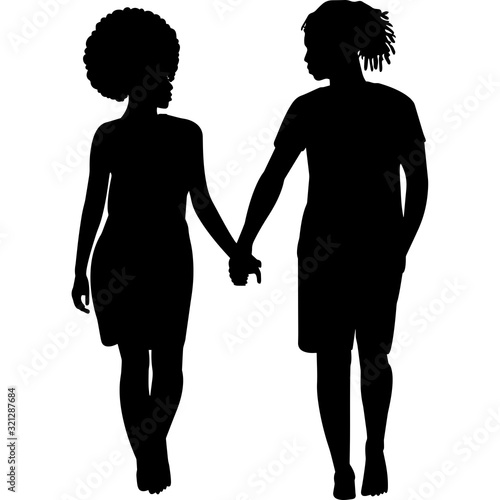 African Amercian Couple Walking, Black Afro People Silhouette Vector