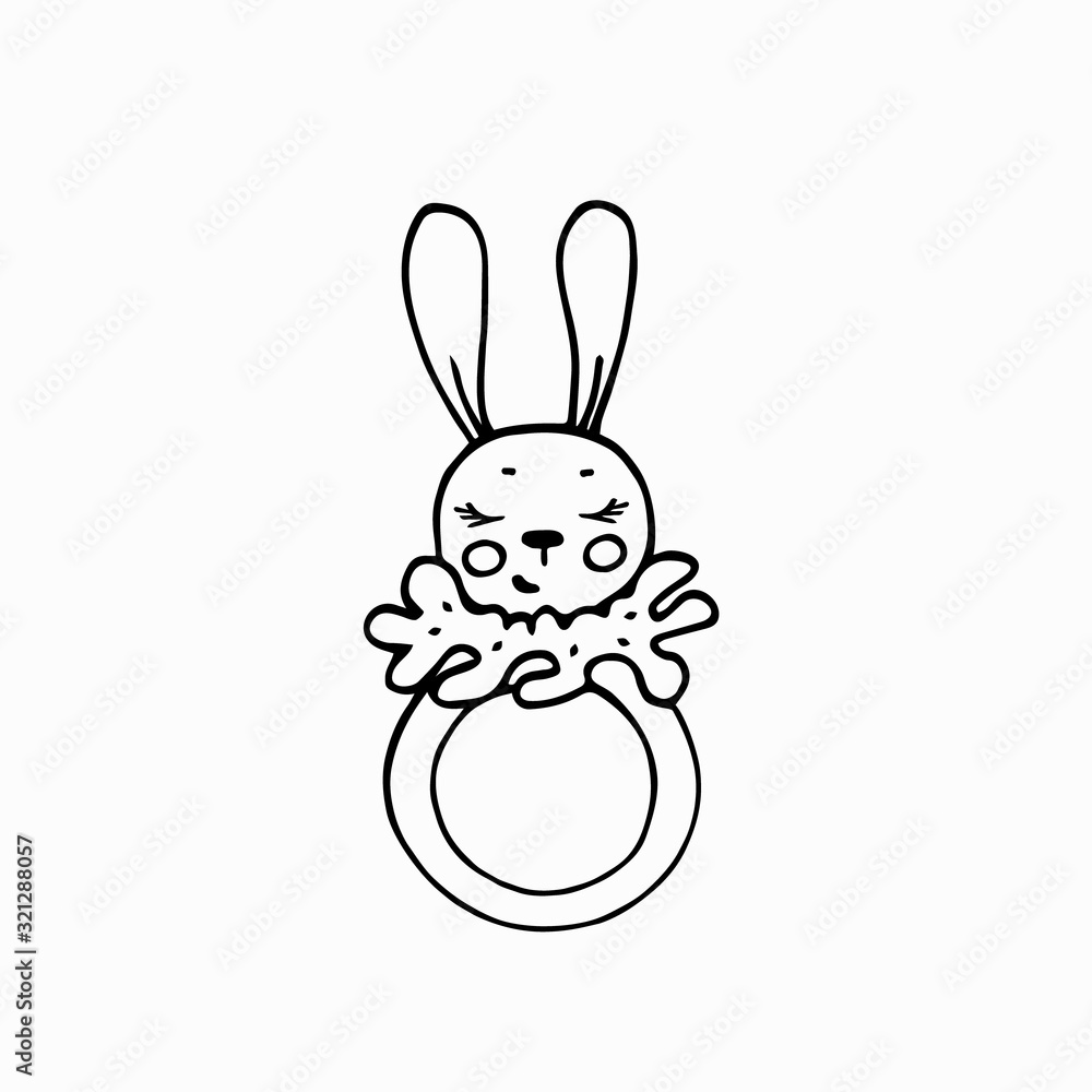 Cute rattle toy for baby. Bunny in the Doodle style, black line of the sketch. Hand drawn vector illustration. Cute rattle toy for baby. Bunny in the Doodle style, black line of the sketch. Hand drawn vector illustration.