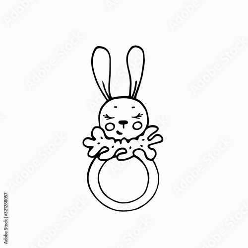 Cute rattle toy for baby. Bunny in the Doodle style, black line of the sketch. Hand drawn vector illustration.