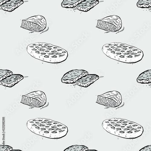 Focaccia seamless pattern greyscale drawing