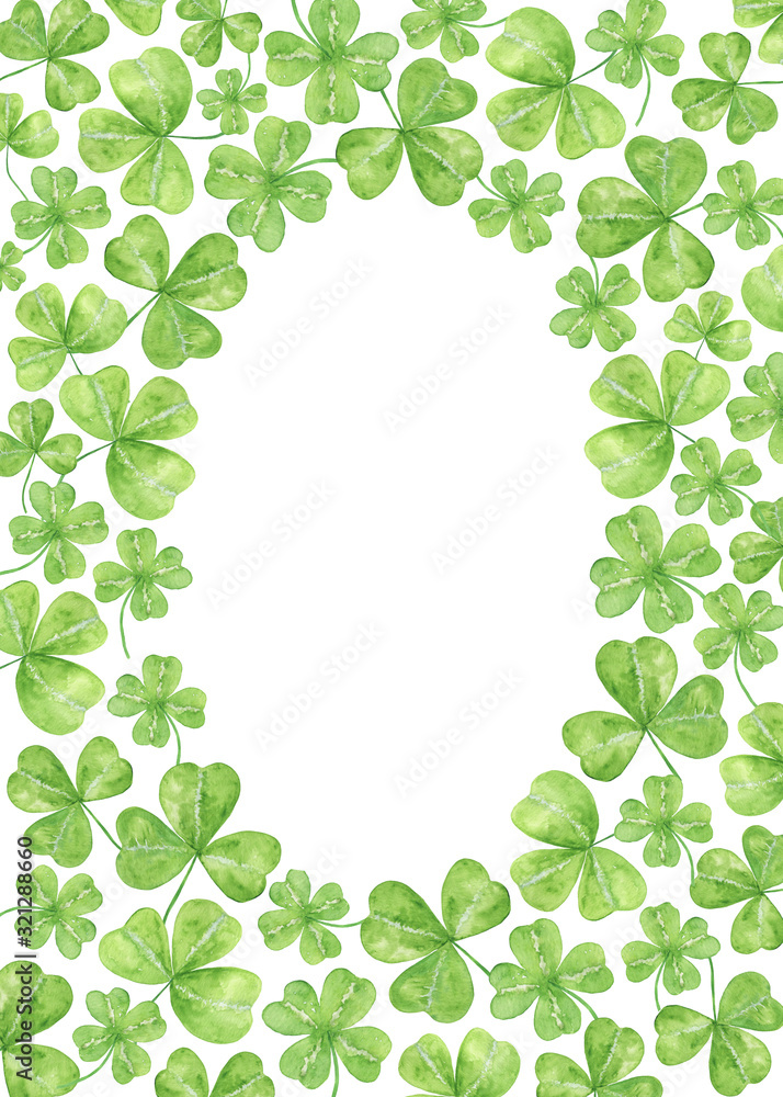 Watercolor shamrock leaves oval frame, symbol of Ireland and spring holiday, St Patrick's day, illustration for greeting cards, floral arrangement