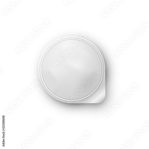 Round white realistic vector pot with a lid of foil for storing yogurt, sour cream and other dairy products and desserts.