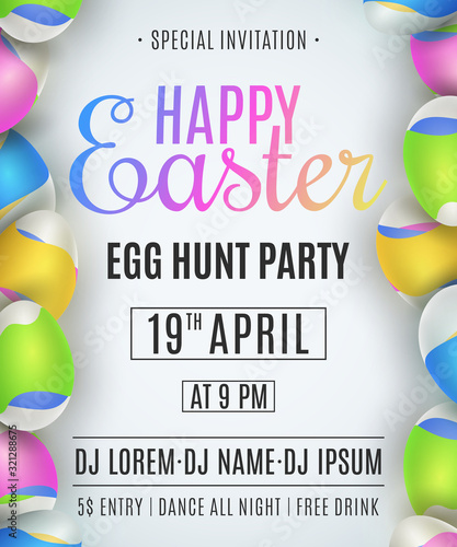 Easter party flyer. Egg hunt. Eggs with a pattern of colorful waves. Liquid design. Club invitation. Festive template for your design. Vector illustration