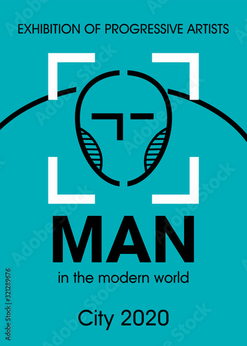 Mock up poster for the exhibition. Stylized geometric face of a man. Modern Art. The inscription Man in the modern world