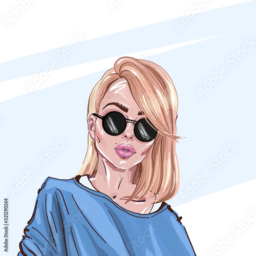 Hand-drawn young beautiful blonde girl in sunglasses. Fashion illustration of a stylish look. Vector for design t-shirts typography cards and posters.
