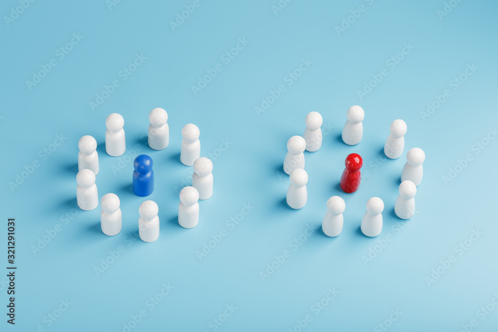 Two different Groups of white people stand around the blue and red leadership candidates separately. Competition in business between the firms and the teams.