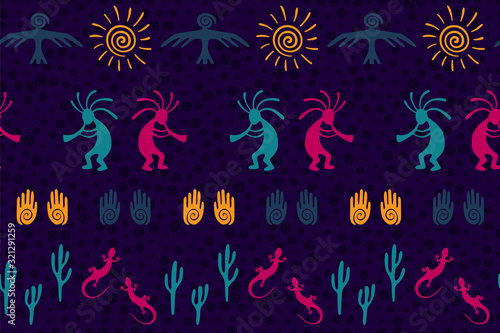 Mythical, design with trickster god, swirl icons on human palm, sun, eagle.