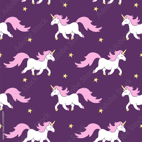 Vector cute seamless pattern with stars, magic rainbow unicorn horse with pink mane, gold hooves on purple grain starry background for kids textile