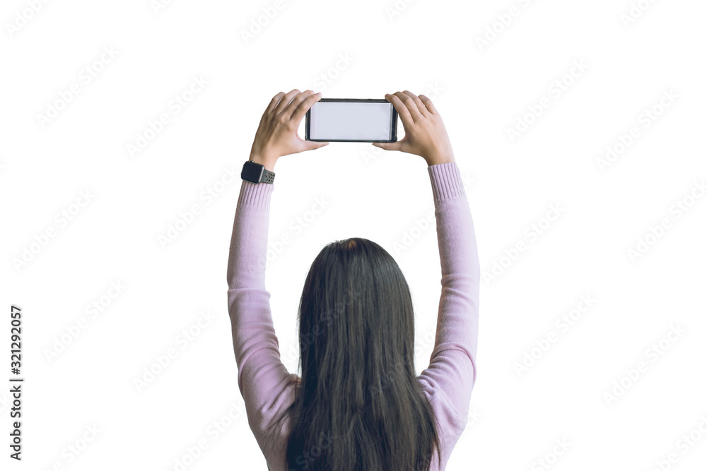 woman hand holding smart phone isolated white background.