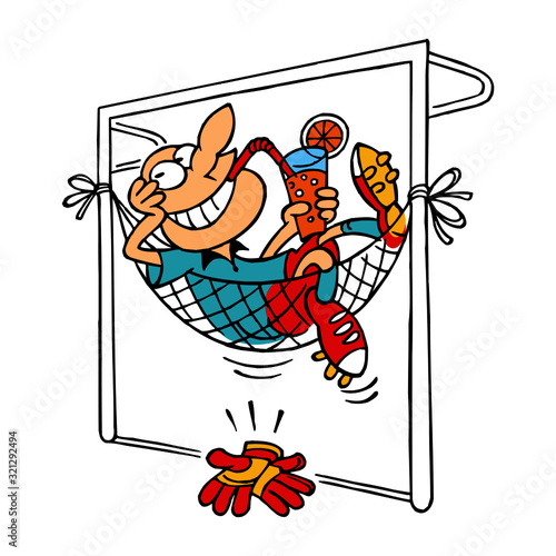Soccer goalkeeper from soccer goal net made hammock and relaxes with mixed drink and is happy, sport joke, sport is fun, color cartoon