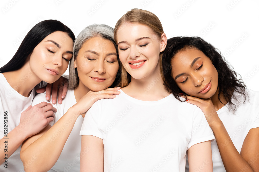 cheerful multicultural women in white t-shirts with closed eyes isolated on white cheerful multicultural women in white t-shirts with closed eyes isolated on white